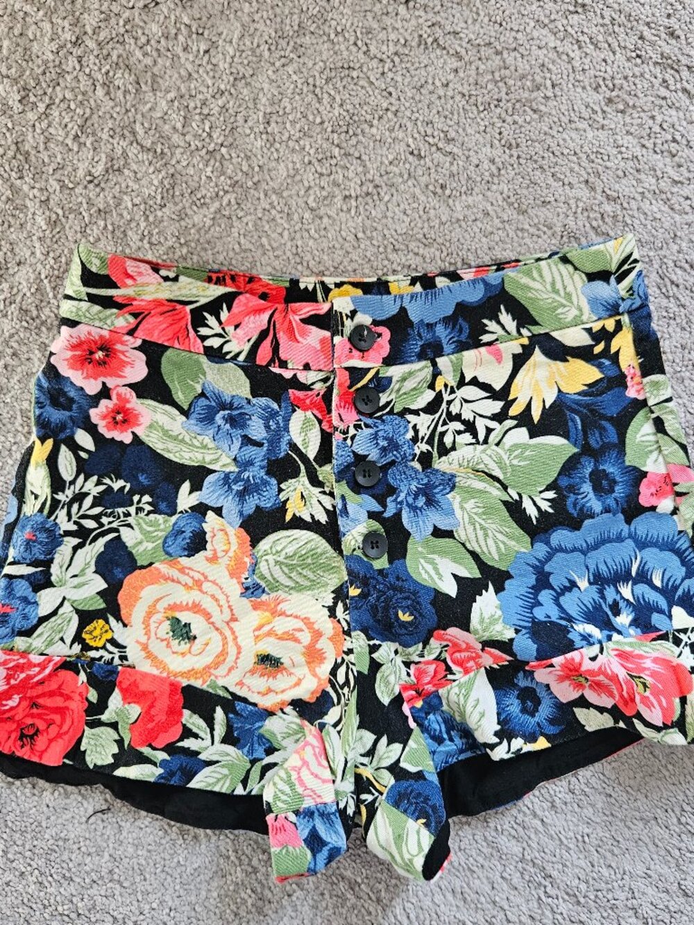 Zara Floral High Waist Shorts Size S Black Button Fly Curved Hem Lined Summer